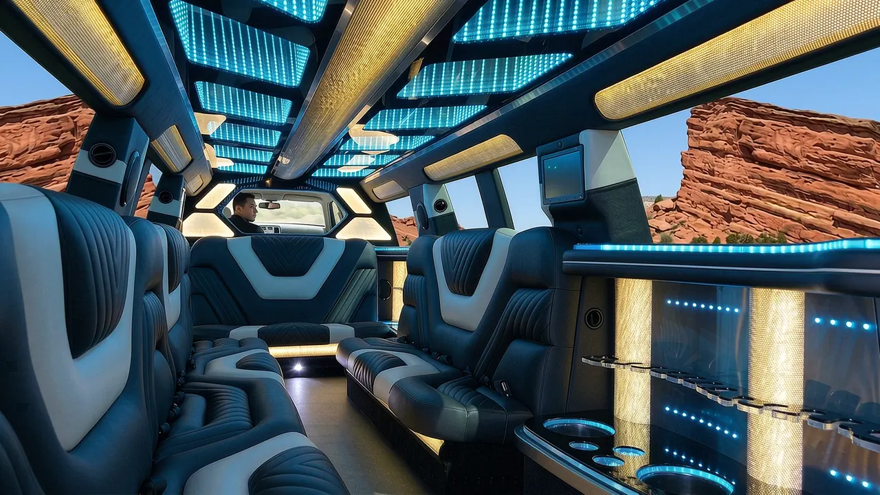 Inside the Mercedes GLS limo in Laporte: LED light-show ceiling, leather lounge seating and lit bar