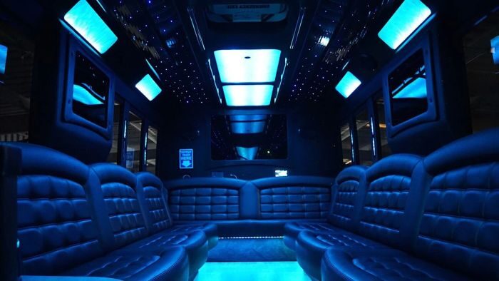 Wraparound seating and blue LED lights – Laporte limo service